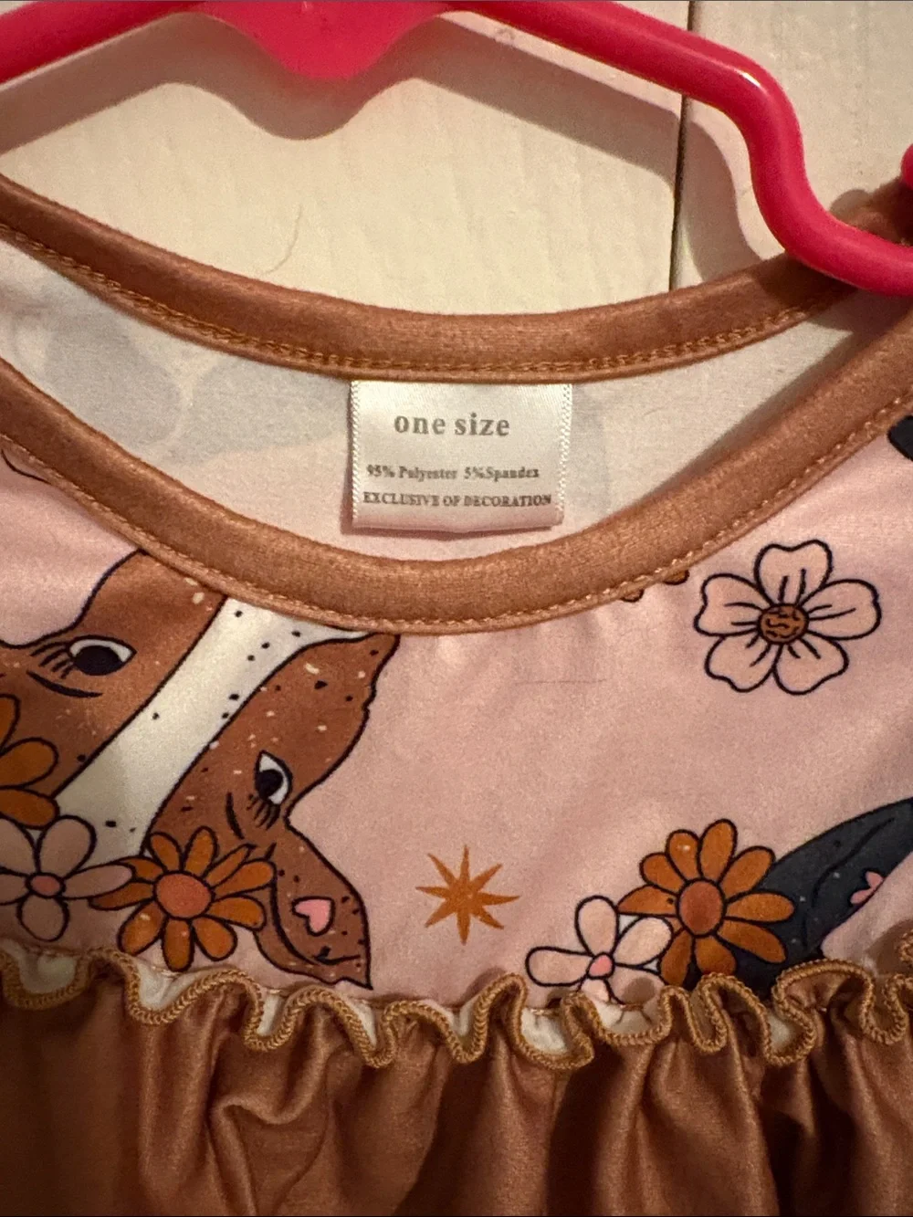(Brand) Pink Floral Dog Print Baby One-Piece with Brown Ruffle